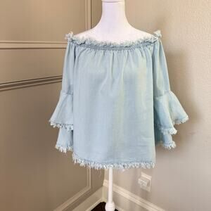Boston Proper Off-the-Shoulder Chambray Fringe Bell Sleeve Boho Top M Light Blue
